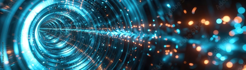 Poster a mesmerizing abstract tunnel with glowing blue lights, depicting speed and motion, perfect for futu