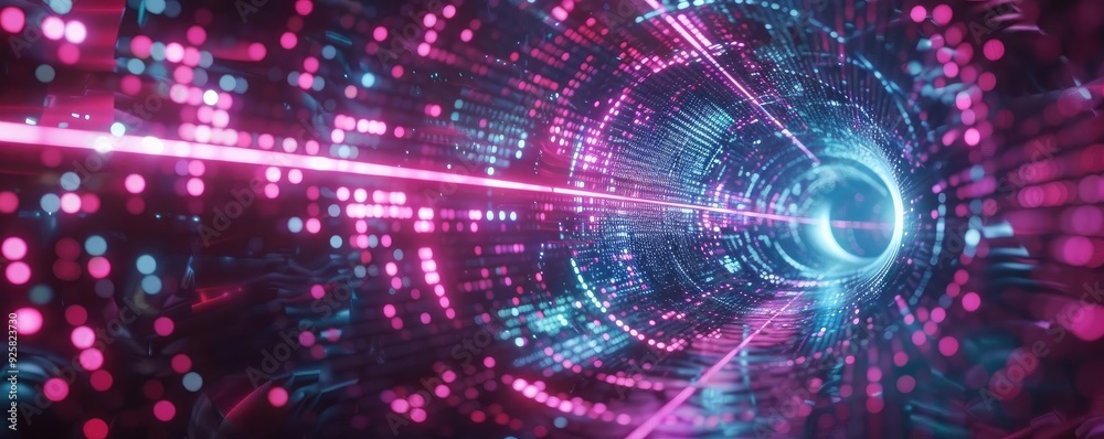 Poster Vibrant digital tunnel with glowing particles and beams of light, creating a futuristic and high-tech atmosphere.