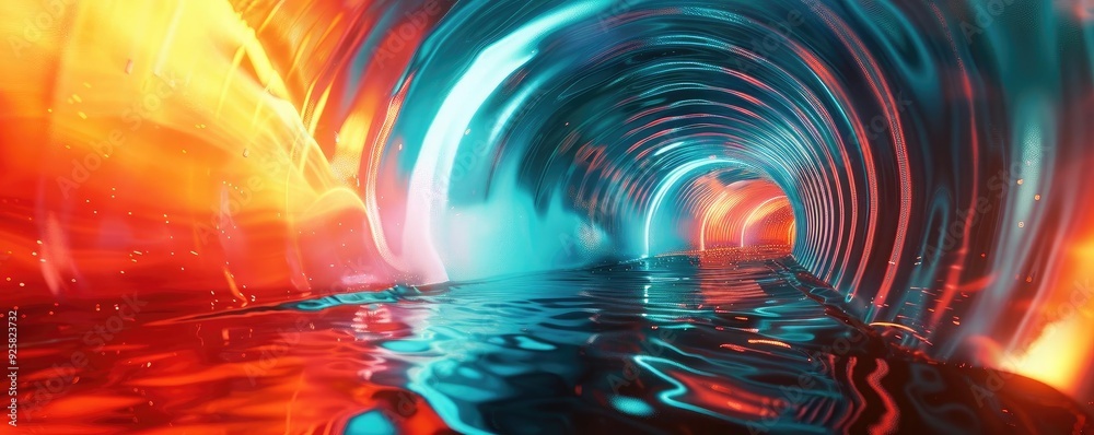 Poster A vibrant and mesmerizing abstract tunnel with colorful lights reflecting on water, evoking a sense of depth and movement.