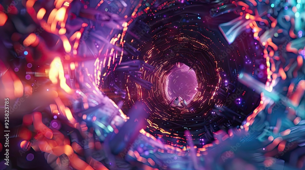 Poster vibrant visual representation of a swirling tunnel, showcasing stunning colors and dynamic light pat