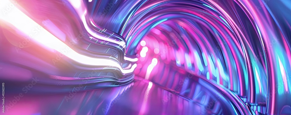 Poster a vibrant, futuristic tunnel with glowing purple and blue lights, creating a sense of motion and dep