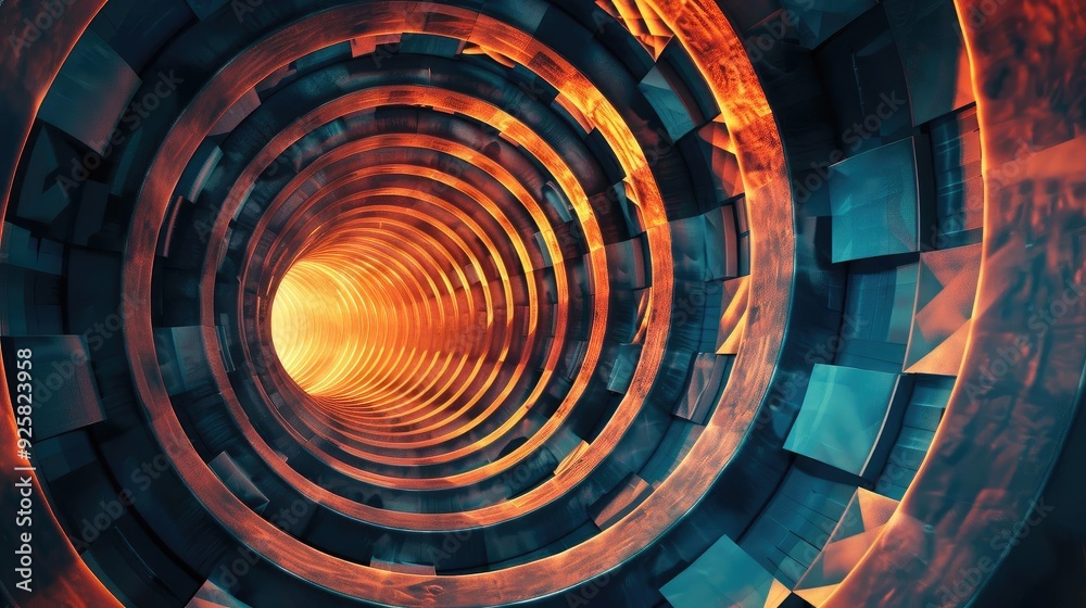 Poster A captivating view of a spiral tunnel illuminated by warm colors, creating a mesmerizing sense of depth and movement.