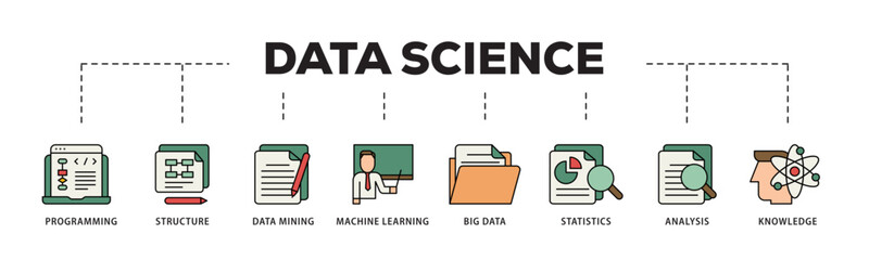 Data science icon infographic illustration concept with icon of data, classification, analyze, statistics, solving, decision and knowledge icon live stroke and easy to edit 