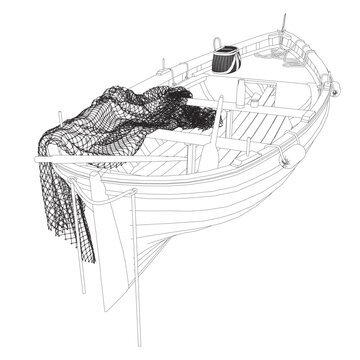 recommend clip art: Contour vector illustration of the fishing boat with net. Perspective view. 3D.