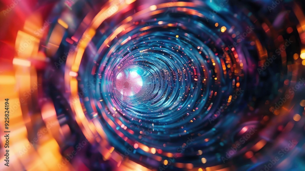 Poster A vibrant abstract tunnel of light, swirling with colorful patterns and glowing orbs, creating a sense of depth and motion.