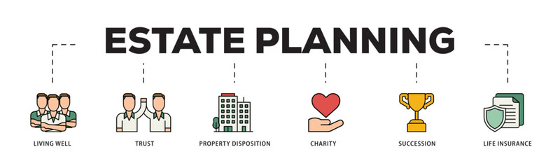 Estate planning icon infographic illustration concept with icon of living well, trust, property disposition, charity, succession, life insurance icon live stroke and easy to edit 