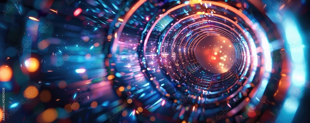 Poster Vibrant light tunnel illustration with colorful particles and dynamic patterns, ideal for futuristic themes and technology concepts.
