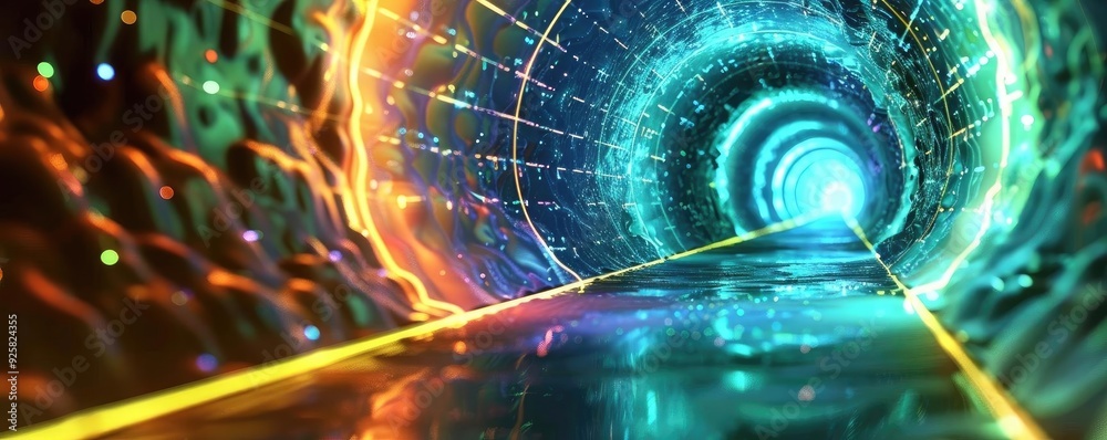 Aufkleber a vibrant, futuristic tunnel with glowing lights and a pathway leading to a bright exit. perfect for