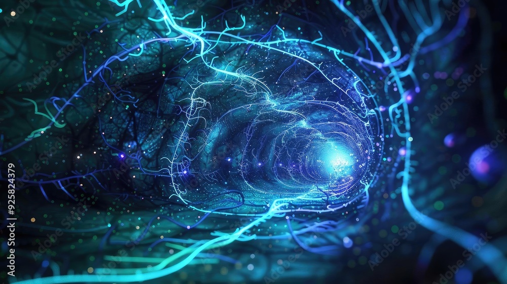 Poster a mesmerizing tunnel of light and energy, featuring vibrant blue hues and intricate patterns, perfec