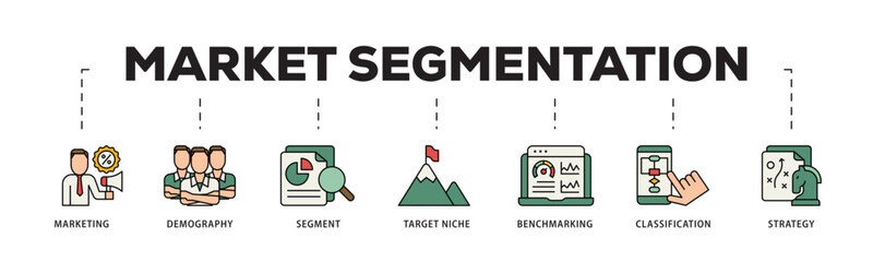Market segmentation icon infographic illustration concept with icon of marketing, demography, segment, target niche, benchmarking, classification, strategy icon live stroke and easy to edit 
