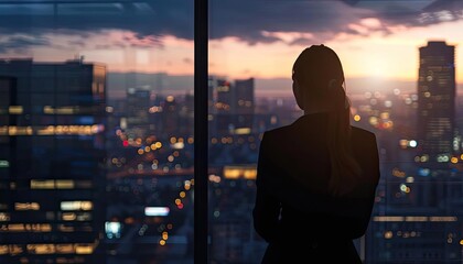 Silhouette of a businesswoman observing a vibrant cityscape at sunset, capturing ambition and tranquility in a modern urban setting.