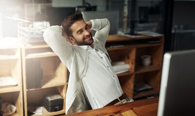 Man, stretching and smile at computer for business, break and proud for feedback in office. Architect, recline and happy at desk for proposal approval, good news or positive review on creative design