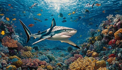 Fototapeta premium A shark swimming in the clear blue waters of a coral reef, surrounded by a rich array of marine life, from small fish to soft corals, with the ocean floor visible beneath