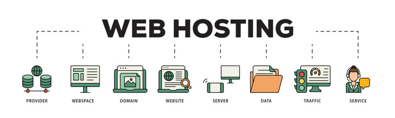 Web hosting icon infographic illustration concept with icon of provider, webspace, domain, website, server, data, traffic and service icon live stroke and easy to edit 