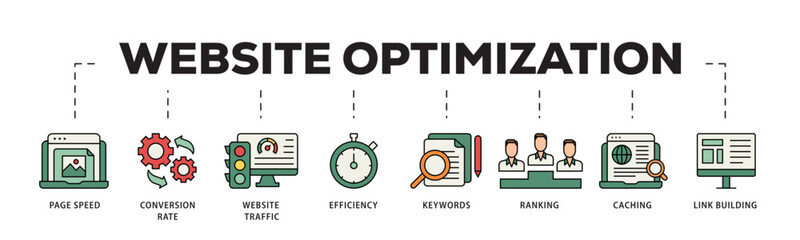 Website optimization icon infographic illustration concept with icon of page speed, conversion rate, website traffic, efficiency, keywords, ranking, caching  icon live stroke and easy to edit  © AFD