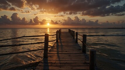 Fototapeta premium Perspective view of a wooden pier on the pond at sunset with perfectly specular