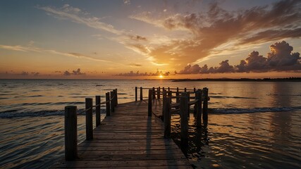 Perspective view of a wooden pier on the pond at sunset with perfectly specular