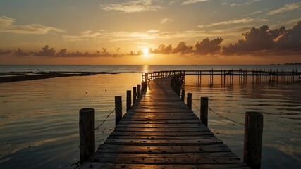 Perspective view of a wooden pier on the pond at sunset with perfectly specular