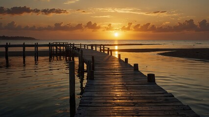 Fototapeta premium Perspective view of a wooden pier on the pond at sunset with perfectly specular