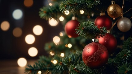 Beautiful Decorated Christmas tree, Abstract bokeh background