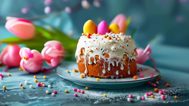 Easter cake decoration with pastel colors and fresh tulips