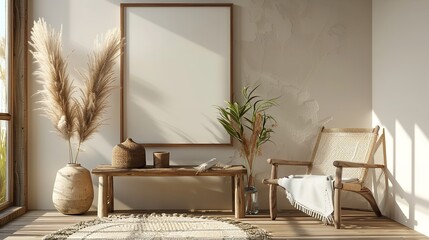 Scandinavian minimalistic living room with a white walls and a large empty frame mockup