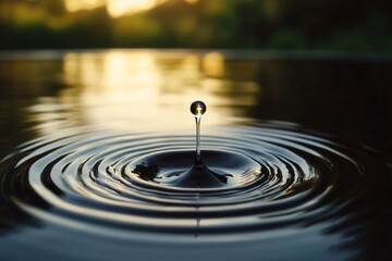 A serene water droplet creating ripples on a calm pond surface during sunset, with a blurred nature background.