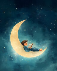 crescent moon glowing softly in the night sky, its delicate curve cradling a cute, wide-eyed child