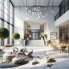 Modern Lobby with Large Windows, Plants, and a Sleek Chandelier