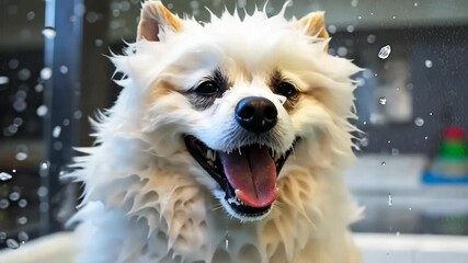 Smiling wet puppy dog taking bath with soap bubble foam on head , Just washed cute dog on blue background, goods for treatment for domestic pets, grooming salon