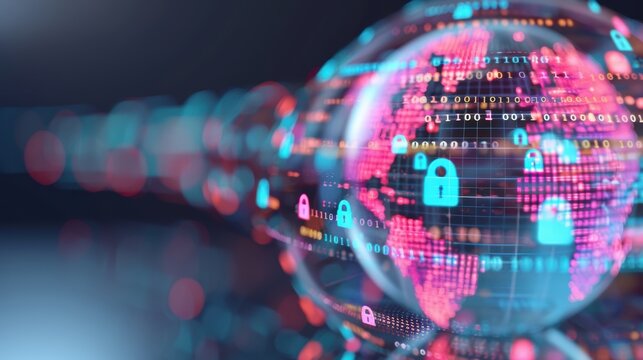 A futuristic concept of a digital globe surrounded by digital locks and cyber threat symbols, emphasizing global cybersecurity challenges and data breach risks.