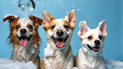 three Smiling wet puppy dogs taking bath with soap bubble foam on head , Just washed cute dogs on blue background, goods for treatment for domestic pets, grooming salon