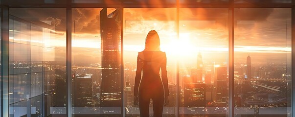 Silhouette of a woman gazing out over a city skyline at sunset, evoking feelings of hope and inspiration through urban exploration.