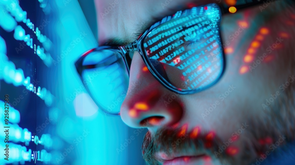 Poster a close-up shot of a forensic analyst examining lines of code on multiple computer screens in a diml