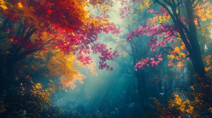 fantasy, lush dense forest, multicolored leaves on the trees, bright, vibrant, magical, mystical 