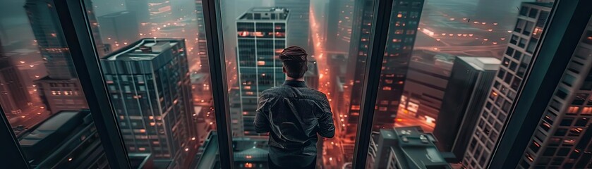 Obraz premium A cityscape view from a high-rise building at night, showcasing glowing lights and a reflective atmosphere.