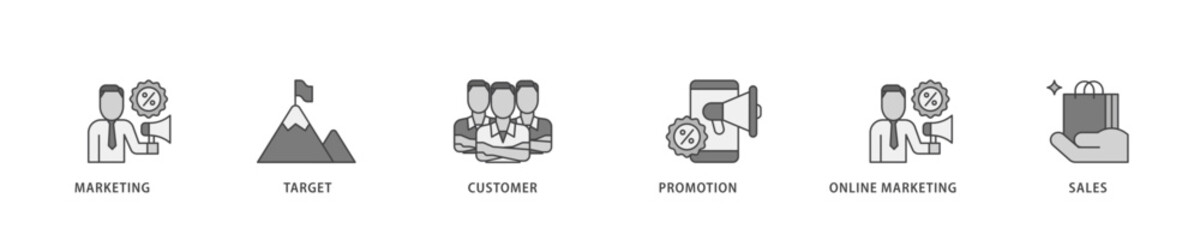 Advertising icon infographic illustration concept with icon of marketing, target, customer, promotion, online marketing, and sales icon live stroke and easy to edit 