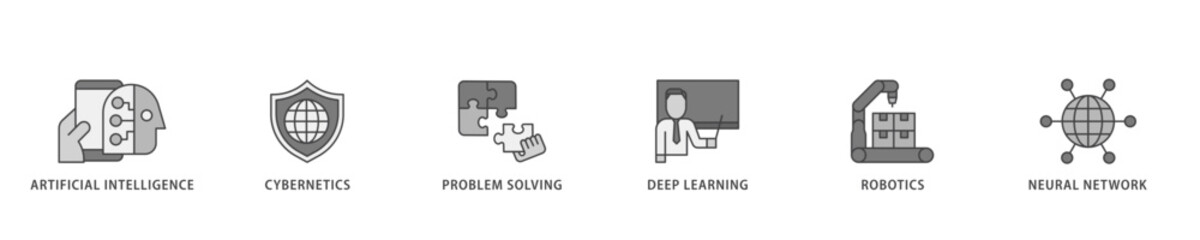 AI icon infographic illustration concept with icon of cybernetics, problem solving, deep learning, machine learning, robotics and neural network icon live stroke and easy to edit 