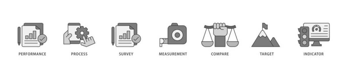 Benchmarking icon infographic illustration concept with icon of performance, process, survey, measurement, compare, target, and indicator icon live stroke and easy to edit 