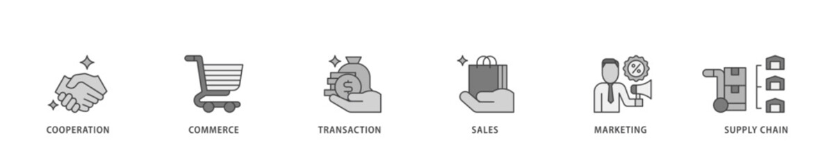 Business to business icon infographic illustration concept with icon of cooperation, commerce, transaction, sales, marketing, supply chain icon live stroke and easy to edit 