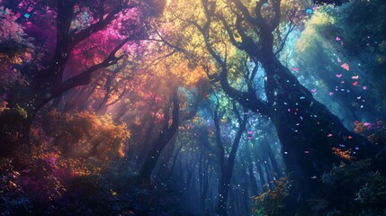 Obraz premium fantasy, lush dense forest, multicolored leaves on the trees, bright, vibrant, magical, mystical 
