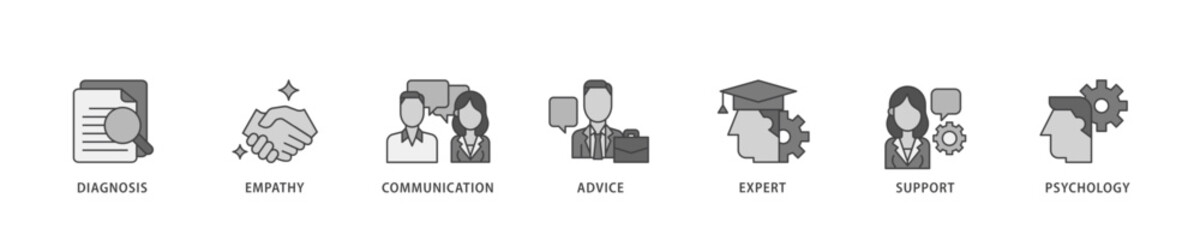 Counseling icon infographic illustration concept with icon of diagnosis, empathy, communication, therapy, advice, expert, and support icon live stroke and easy to edit 
