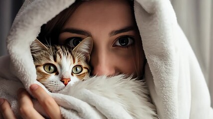 portrait girl with kitten under blanket at home, cat wrapped in pink towel after bath , kitten washed, cute kitten, friends, loving owner