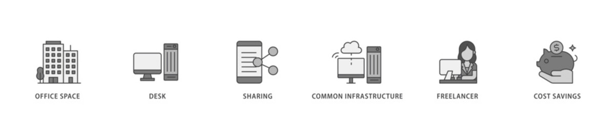 Coworking icon infographic illustration concept with icon of office space, desk, sharing, common infrastructure, freelancer, and cost savings icon live stroke and easy to edit 