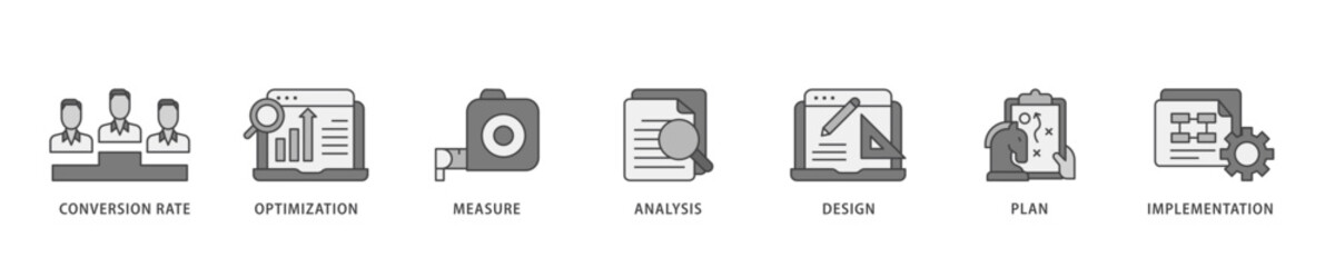 CRO icon infographic illustration concept with icon of measure, analysis, design, plan, and implementation icon live stroke and easy to edit 