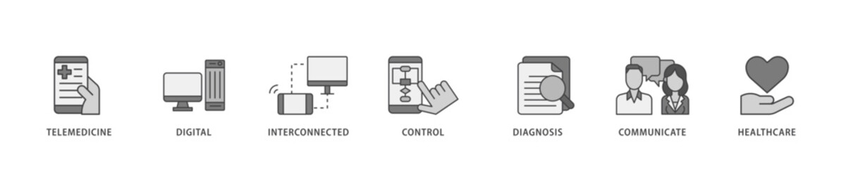 Digital health icon infographic illustration concept with icon of e health, telemedicine, interconnected, smartwatch, diagnosis, email, and medical app icon live stroke and easy to edit 