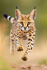 Obraz premium A serval leaps joyfully through the grass under a golden sunset in the wild