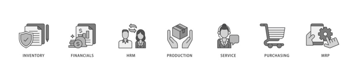 ERP icon infographic illustration concept with icon of inventory, financials, hrm, production, service, purchasing, and mrp icon live stroke and easy to edit 