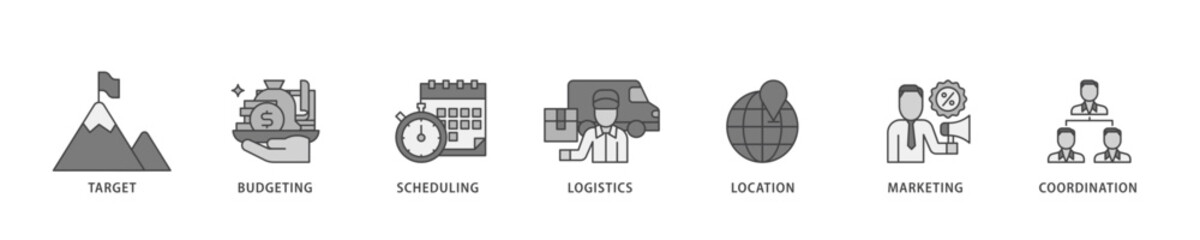 Event management icon infographic illustration concept with icon of target, budgeting, scheduling, logistics, location, marketing, and coordination icon live stroke and easy to edit 
