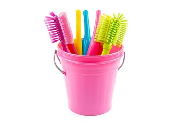 Detergents and cleaning products in bucket isolated on white background